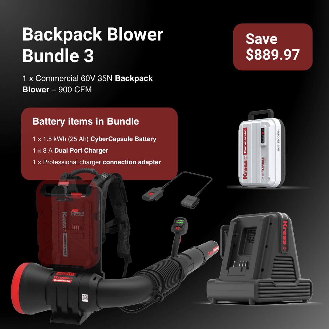 Kress Backpack Blower Bundle 3 with commercial blower, battery, and charger on a black background