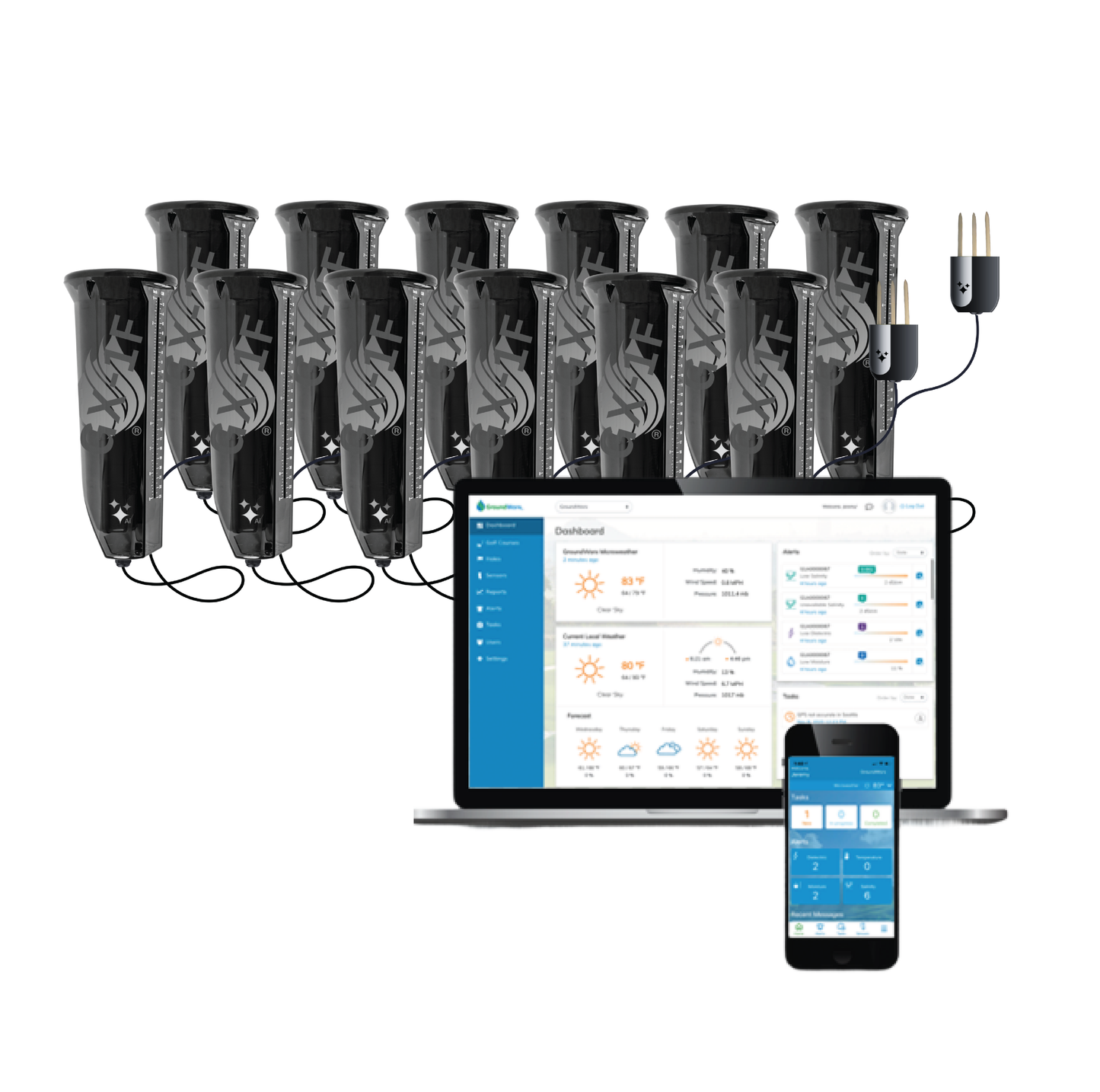 Multiple black GroundWorx soil sensors with wires, a laptop and smartphone displaying software interfaces.