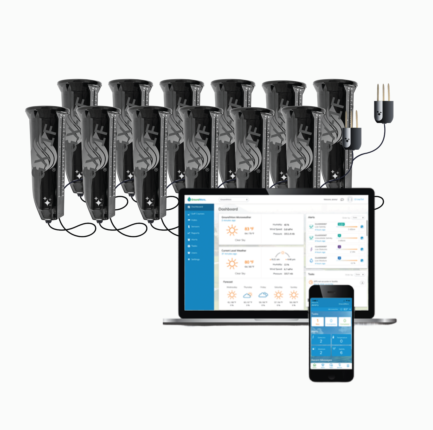 Multiple black GroundWorx soil sensors with wires, a laptop and smartphone displaying software interfaces.