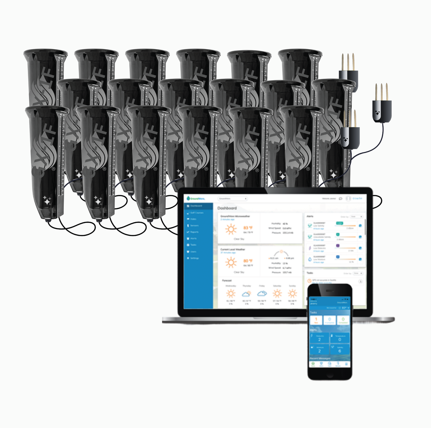Multiple black GroundWorx soil sensors with wires, a laptop and smartphone displaying software interfaces.