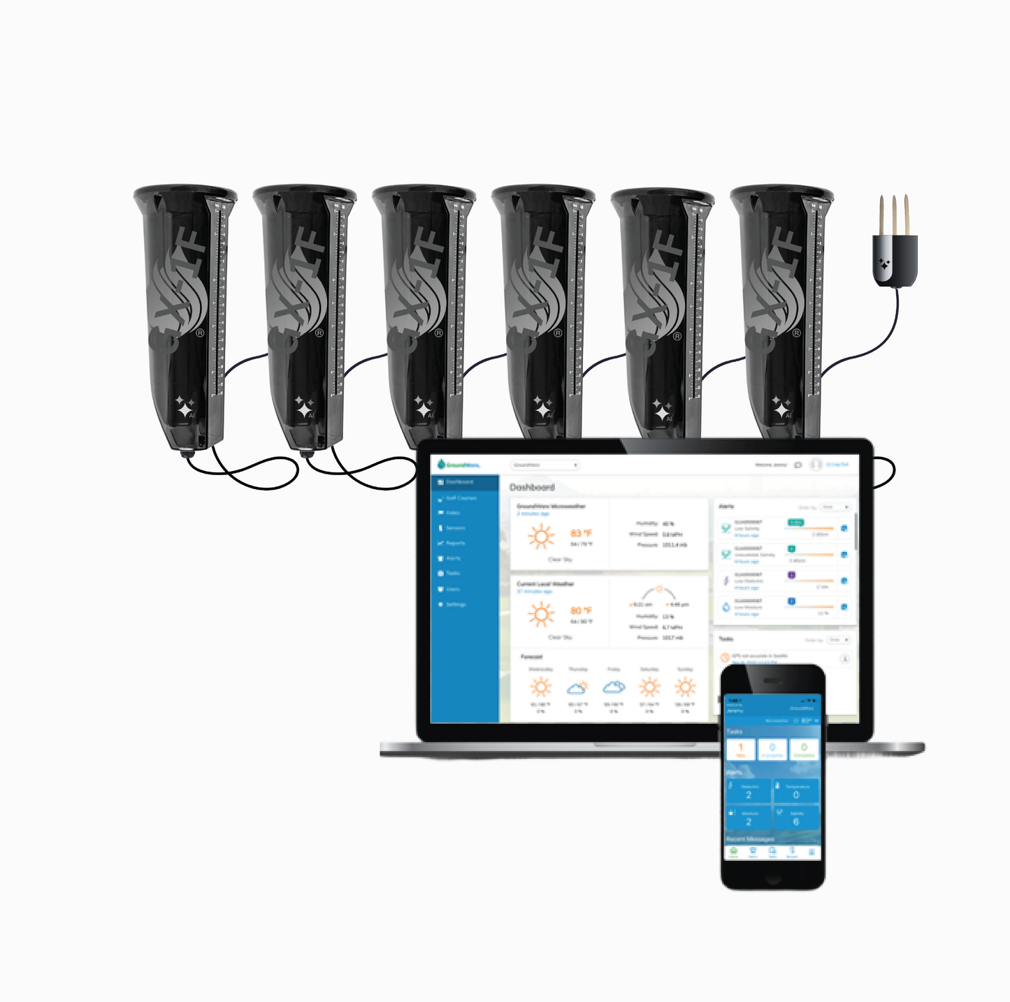 6 black GroundWorx soil sensors with wires, a laptop and smartphone displaying software interfaces.