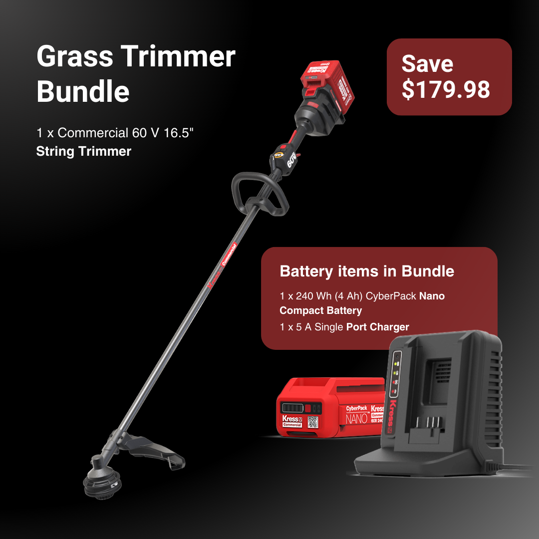Grass trimmer bundle with battery and charger on a black background