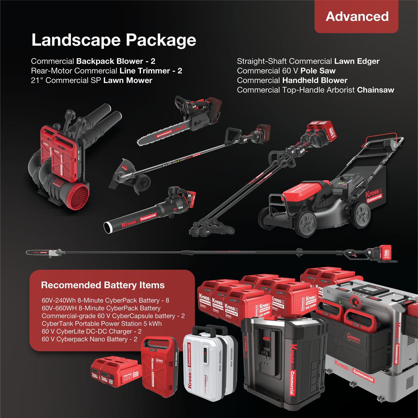 Loaded Landscape Package: Backpack Blower, Line Trimmer, Lawn Mower, Lawn Edger, Pole Saw, Handheld Blower, Arborist Chainsaw, CyberPack Batteries, CyberTank Portable Station, DC-DC Charger, Nano Battery