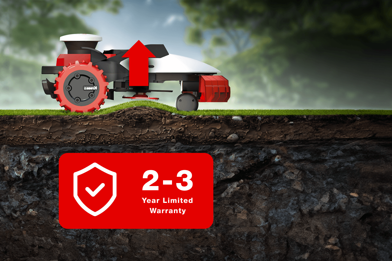 Kress Robotic Mower cutting grass with a '2-3 Year Limited Warranty' label overlay.