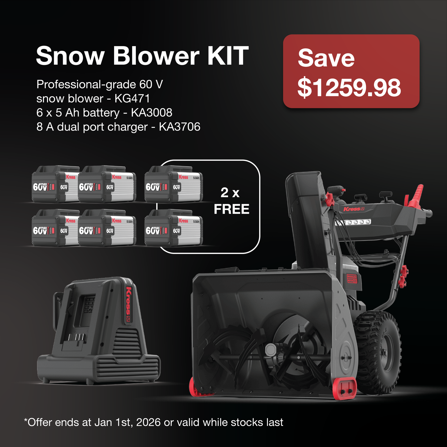 Snow blower kit on sale with professional-grade 60V snow blower, battery, and charger on a black background.