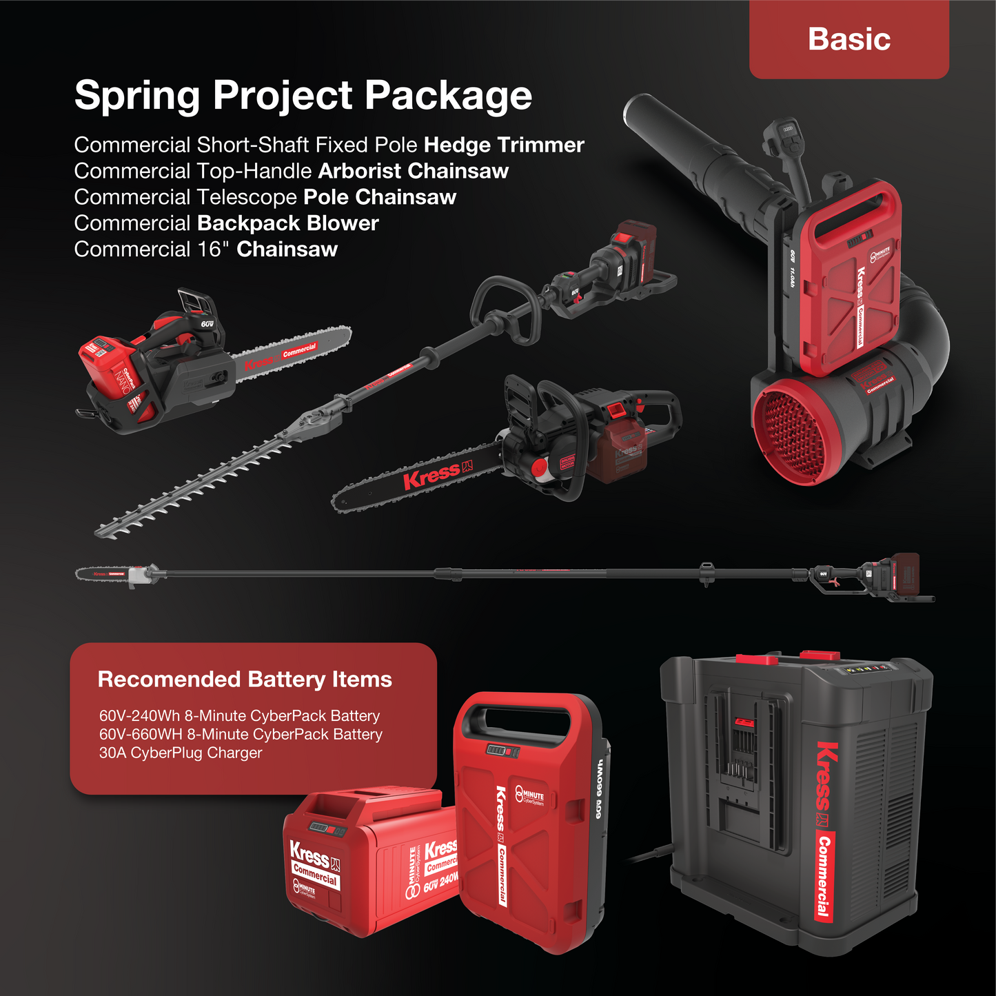 Hedge Trimmer, Arborist Chainsaw, Pole Chainsaw, Blower, Backpack Blower, 16" Chainsaw, CyberPack Batteries, CyberPlug Charger