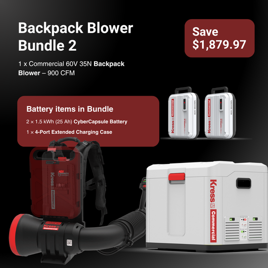 Kress Backpack Blower bundle with batteries and charging case on a black background