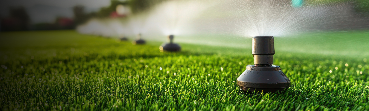 Irrigation system spraying water on a grassy area with a blurred background