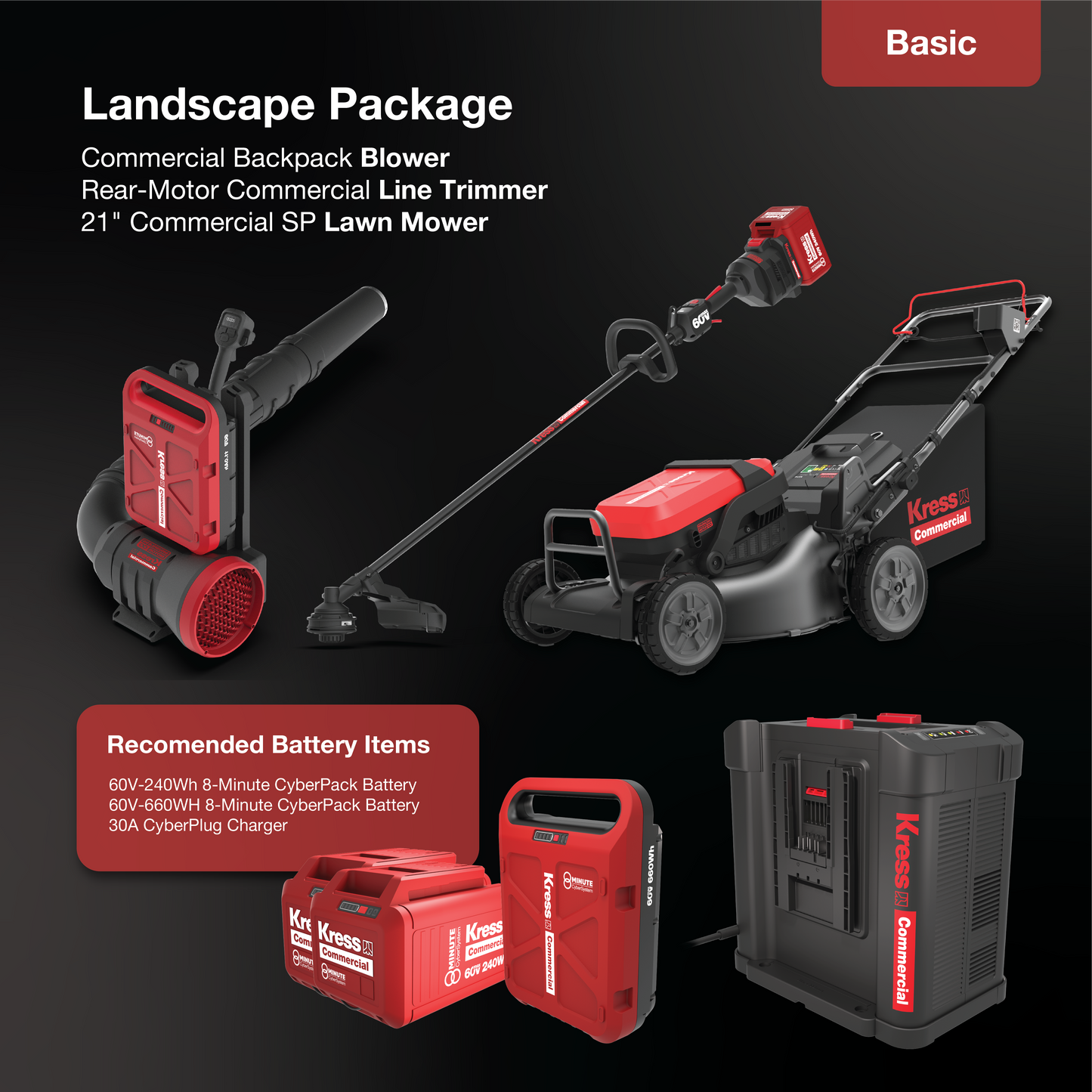 Basic Landscape Package: Backpack Blower, Line Trimmer, Lawn Mower, CyberPack Batteries, CberPlug Charger