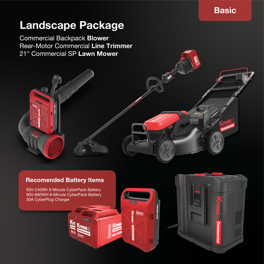 Basic Landscape Package: Backpack Blower, Line Trimmer, Lawn Mower, CyberPack Batteries, CberPlug Charger