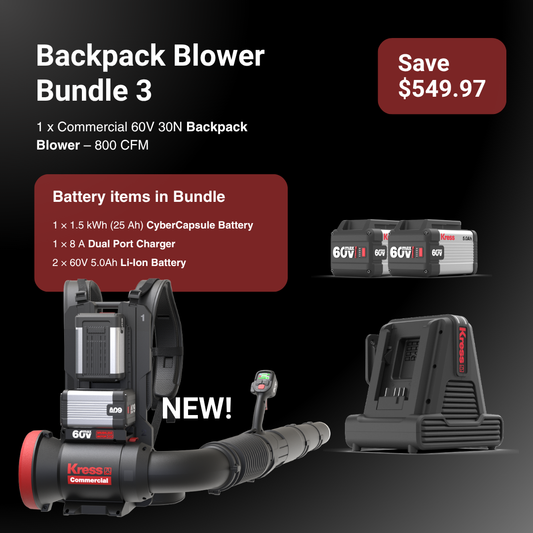 Kress Commercial Backpack Blower Bundle 3 promotional graphic on a black background, showing the backpack blower, two batteries, a dual port charger, and text detailing the bundle contents and savings.
