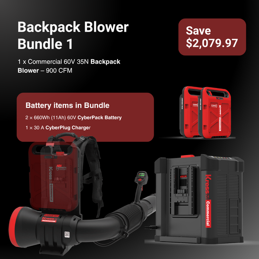 Promotional graphic for a backpack blower bundle showing a backpack blower, two battery packs, and CyberPack charger on a dark background with text callouts.