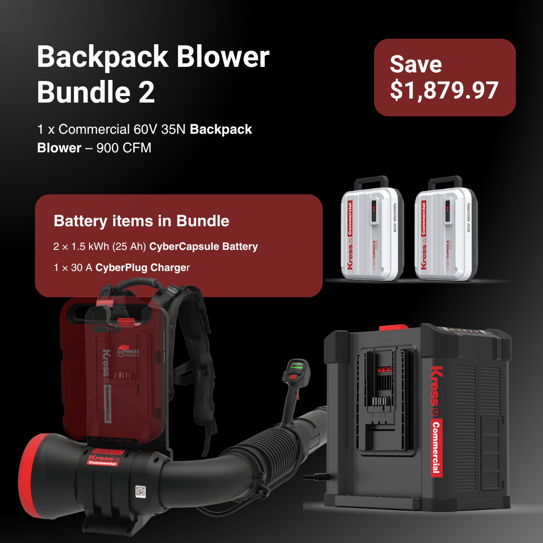 Backpack Blower Bundle 2 promotional graphic showing a red and black backpack blower, two white CyberCapsule batteries, and a black CyberCharge charger on a dark background with text callouts and a 'Save $1,879.97' badge.