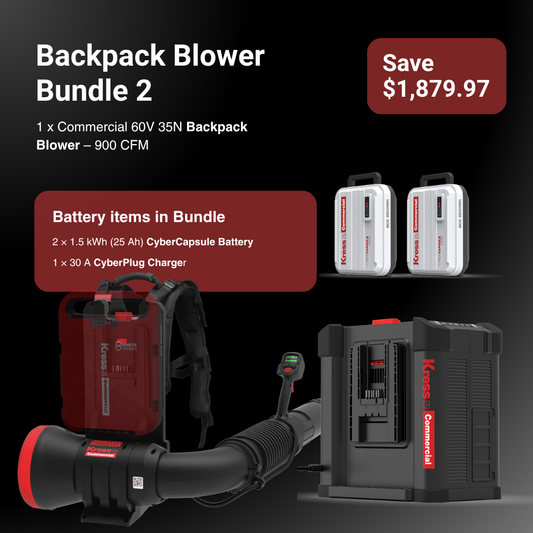 Backpack Blower Bundle 2 promotional graphic showing a red and black backpack blower, two white CyberCapsule batteries, and a black CyberCharge charger on a dark background with text callouts and a 'Save $1,879.97' badge.
