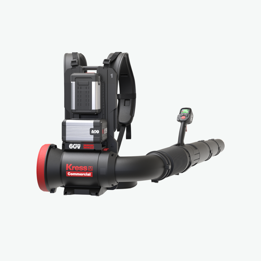 Kress Commercial 60V 30N 800 CFM backpack leaf blower with a black shoulder strap, black body, red accents on the nozzle tip and branding, and a handheld wand attachment on a light gray background.