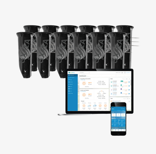 Multiple black GroundWorx soil sensors, a laptop and smartphone displaying software interfaces.