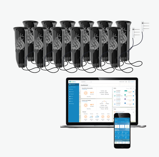 Multiple black GroundWorx soil sensors with wires, a laptop and smartphone displaying software interfaces.