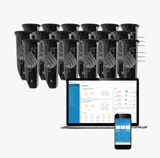 Multiple black GroundWorx soil sensors, a laptop and smartphone displaying software interfaces.