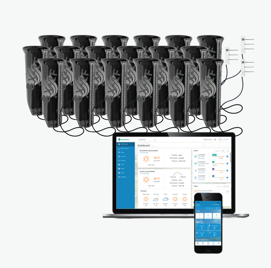 Multiple black GroundWorx soil sensors with wires, a laptop and smartphone displaying software interfaces.