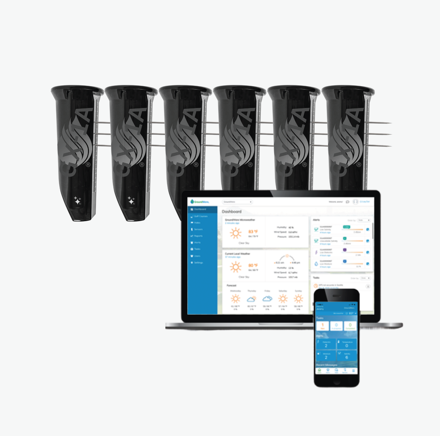 6 black GroundWorx soil sensors, a laptop and smartphone displaying software interfaces.