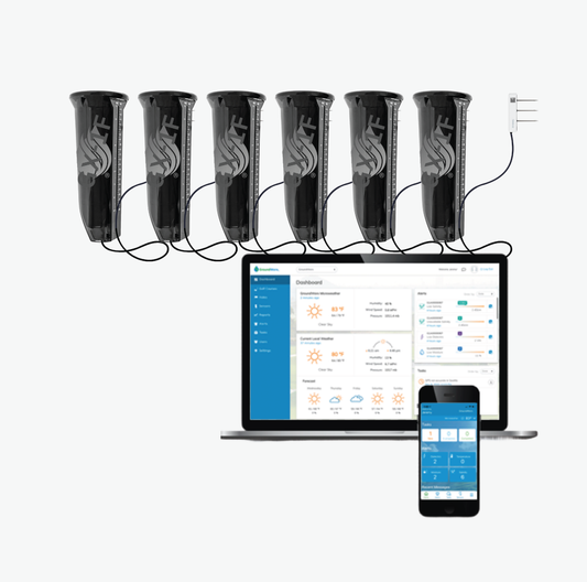 6 black GroundWorx soil sensors with wires, a laptop and smartphone displaying software interfaces.
