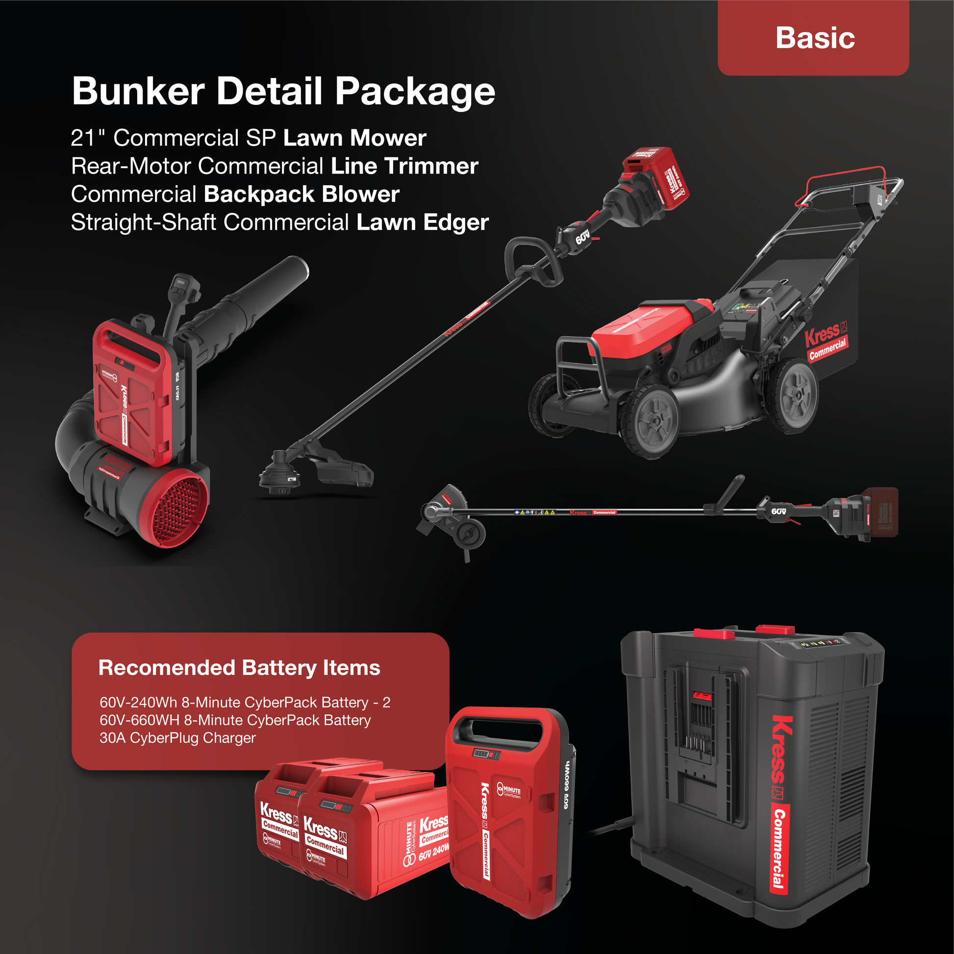 Kress 60V Commercial: Lawn Mower, Line Trimmer, Backpack Blower, Lawn Edger, CyberPack Batteries, CyberPlug Charger