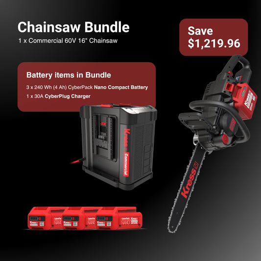 Kress commercial chainsaw bundle featuring a 16-inch chainsaw, a battery charger, and 3 batteries, displayed on a black background with promotional text overlays.