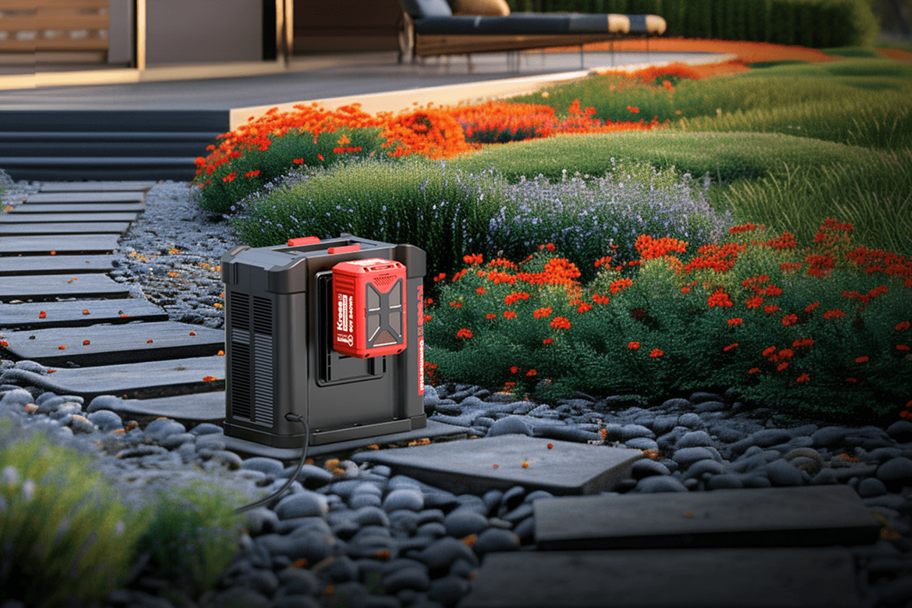 Kress Charger with Kress CyberSystem battery on pebbles with garden and flowers in the background