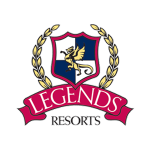 Legends Resorts logo with a shield and laurel wreath on a white background