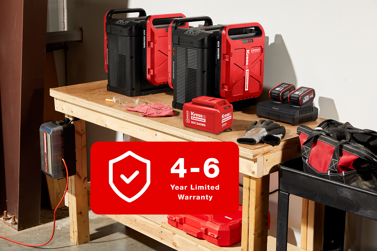 Workbench with power tools and a warranty badge indicating a 4-6 year limited warranty.