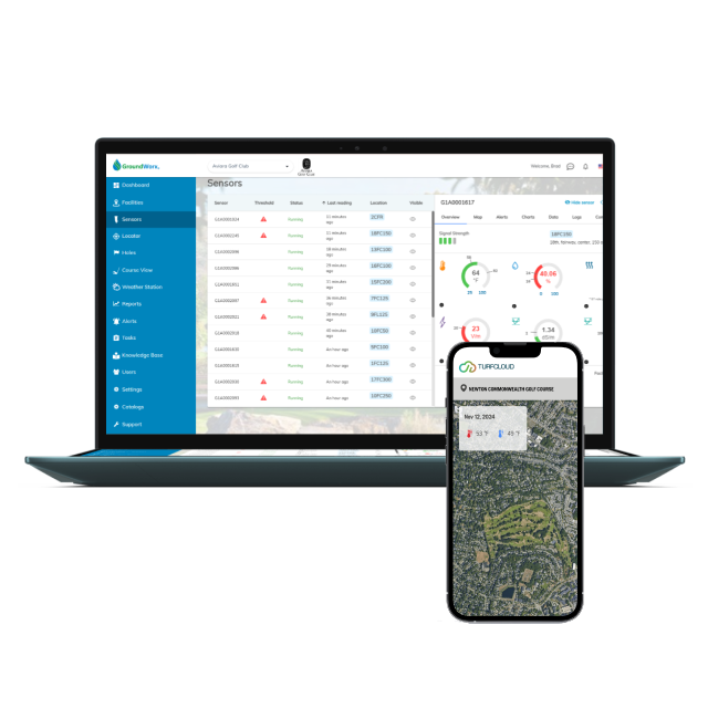 Laptop and smartphone displaying a GroundWorx software application interface on a white background