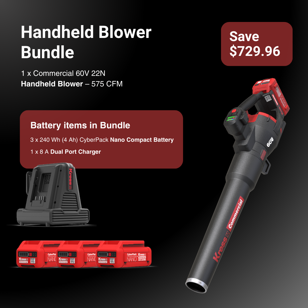 Handheld blower bundle with battery and charger on a black background
