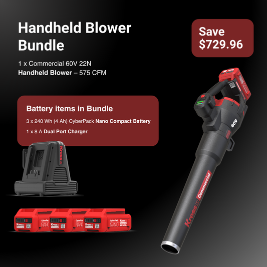 Handheld blower bundle with battery and charger on a black background