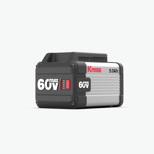 Kress 60V 5.0Ah cordless battery with a black and silver design, featuring white and red text on the front, shown on a light gray background.