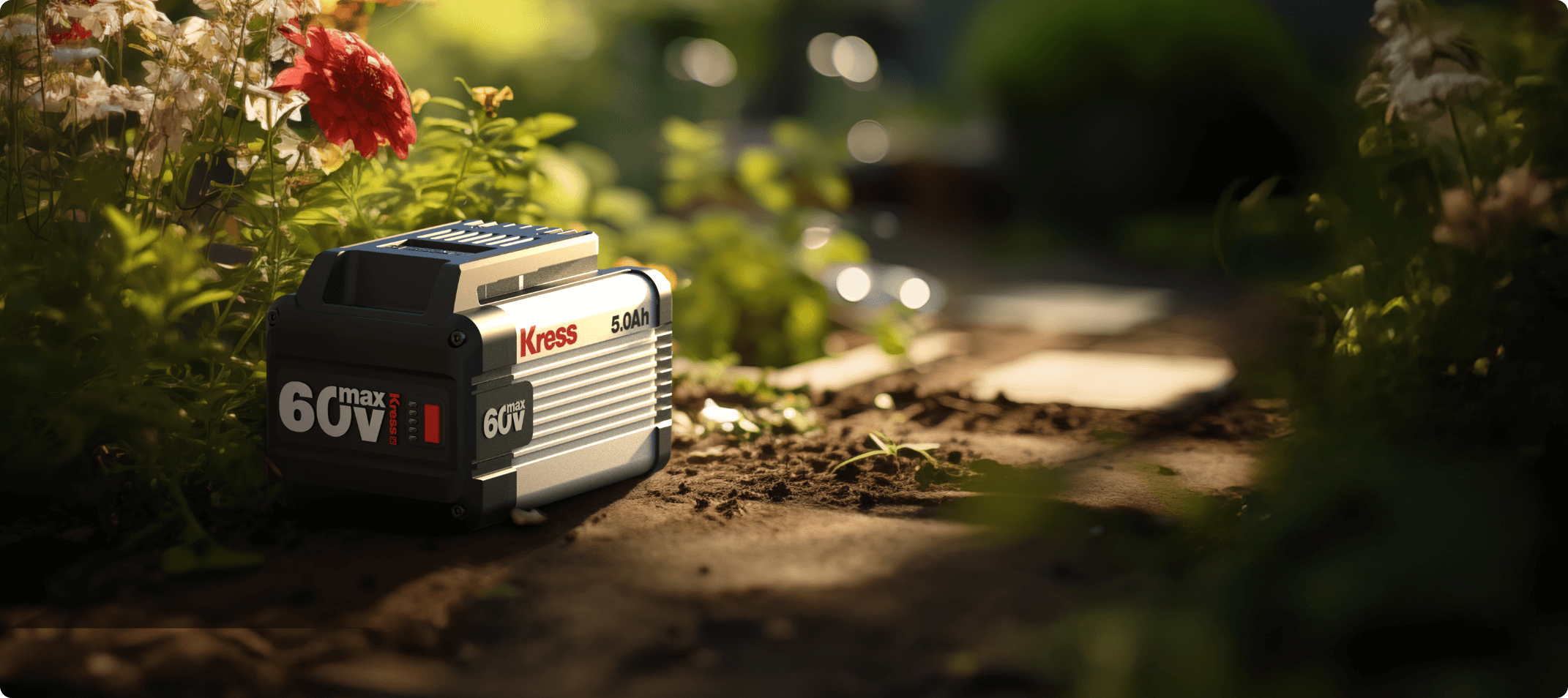 Kress Battery on a garden path with plants and flowers in the background