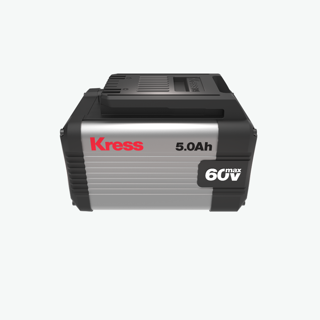 A Kress 60V 5.0Ah lithium-ion battery pack, shown from a front-facing perspective on a light gray background.
