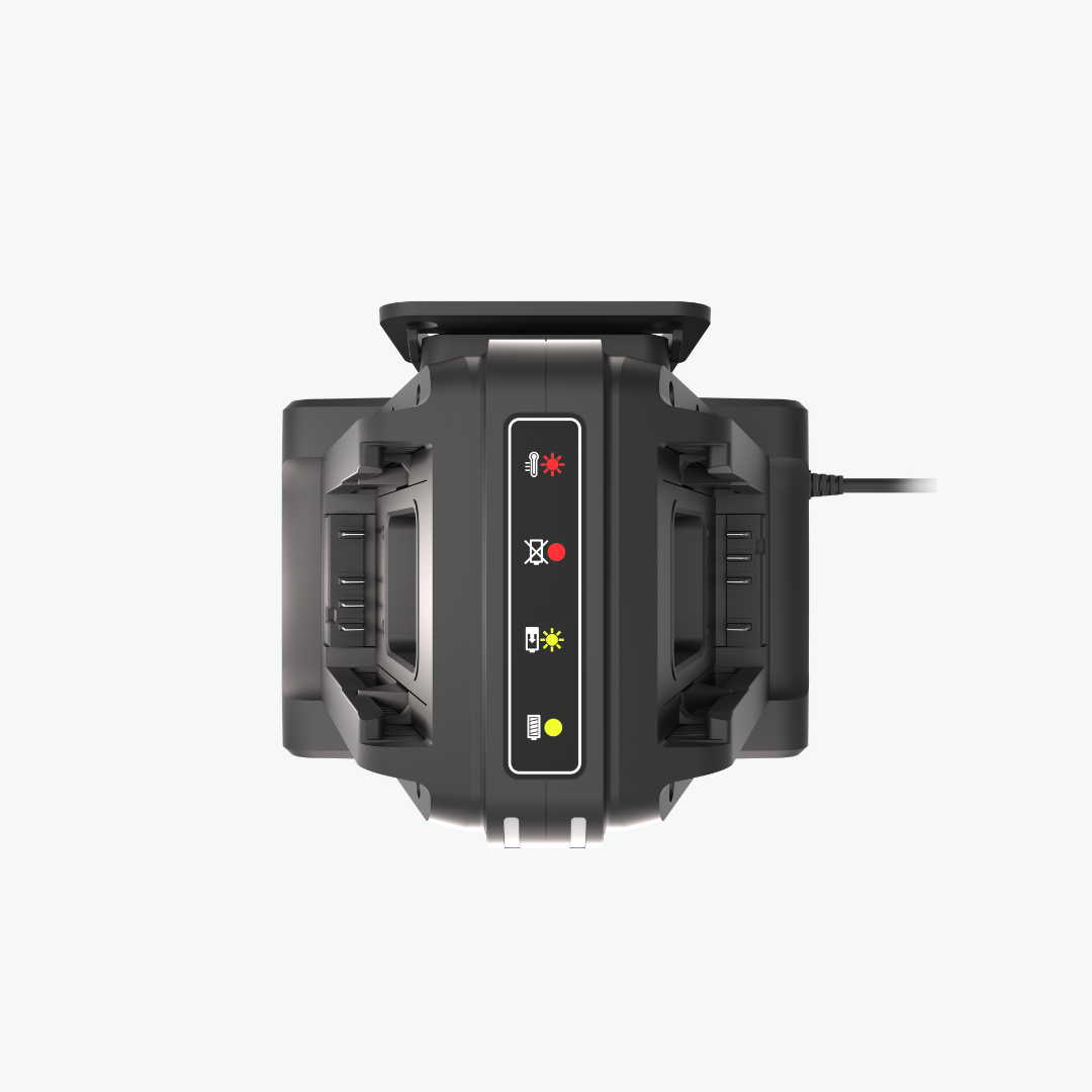 A Dual Port Charger with a vertical front control panel showing illuminated red, white, yellow, and green indicator lights, photographed on a light gray background.
