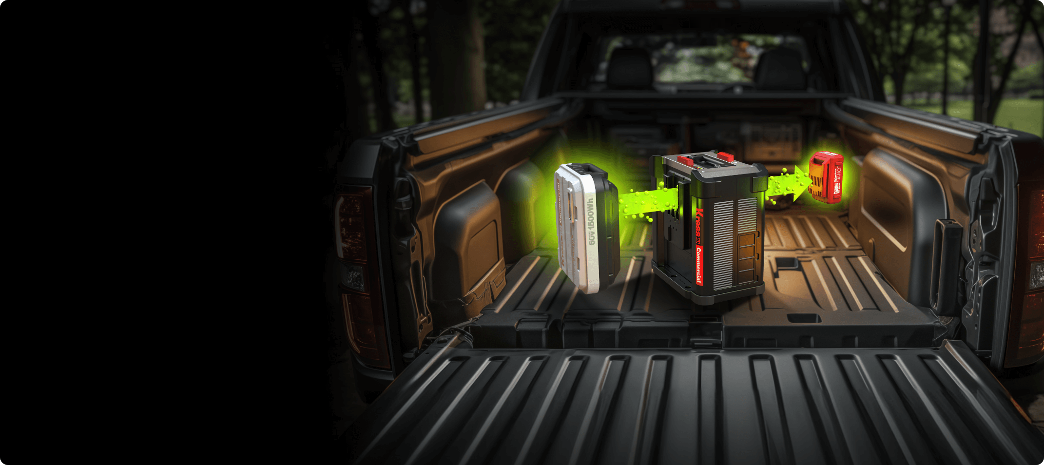 Kress Charger and two Batteries in the trunk of a track