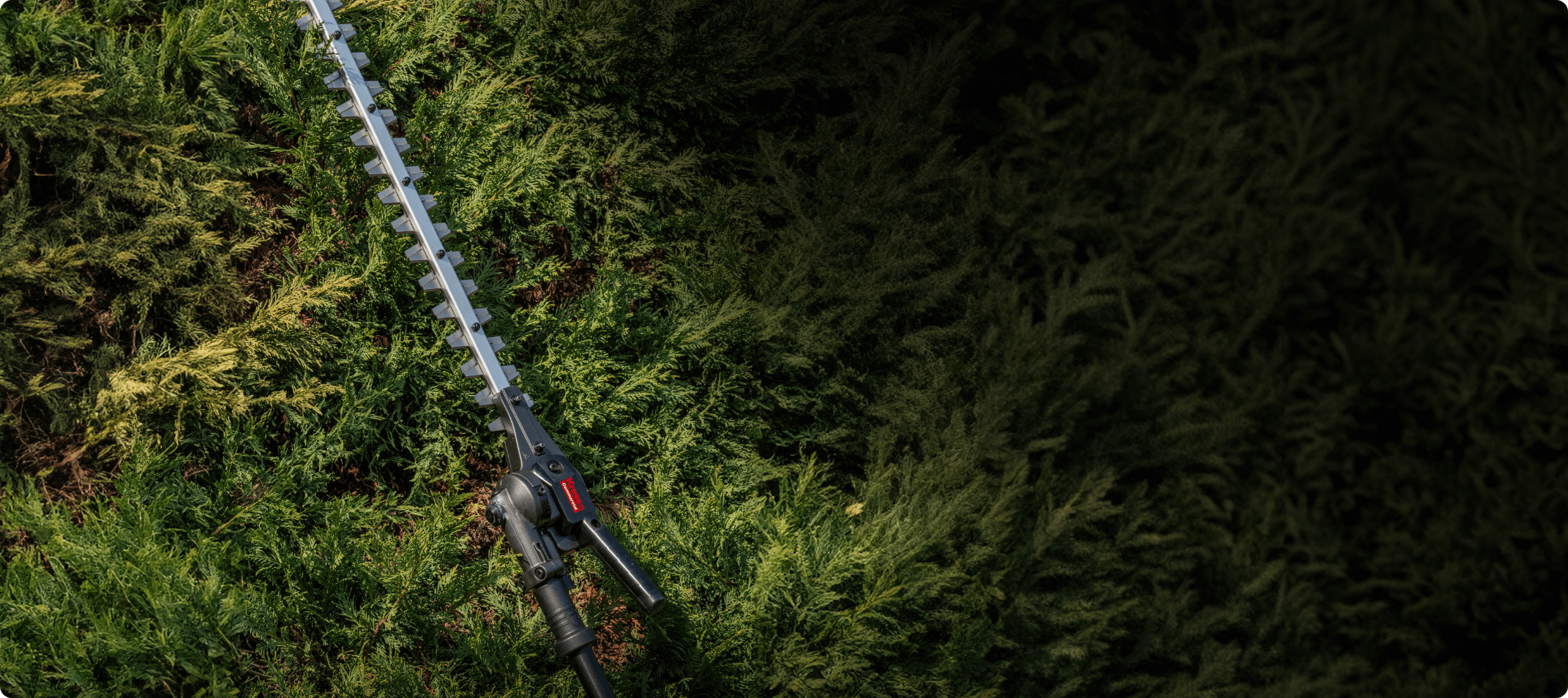 Green bush and a part of Kress hedge trimmer is visible