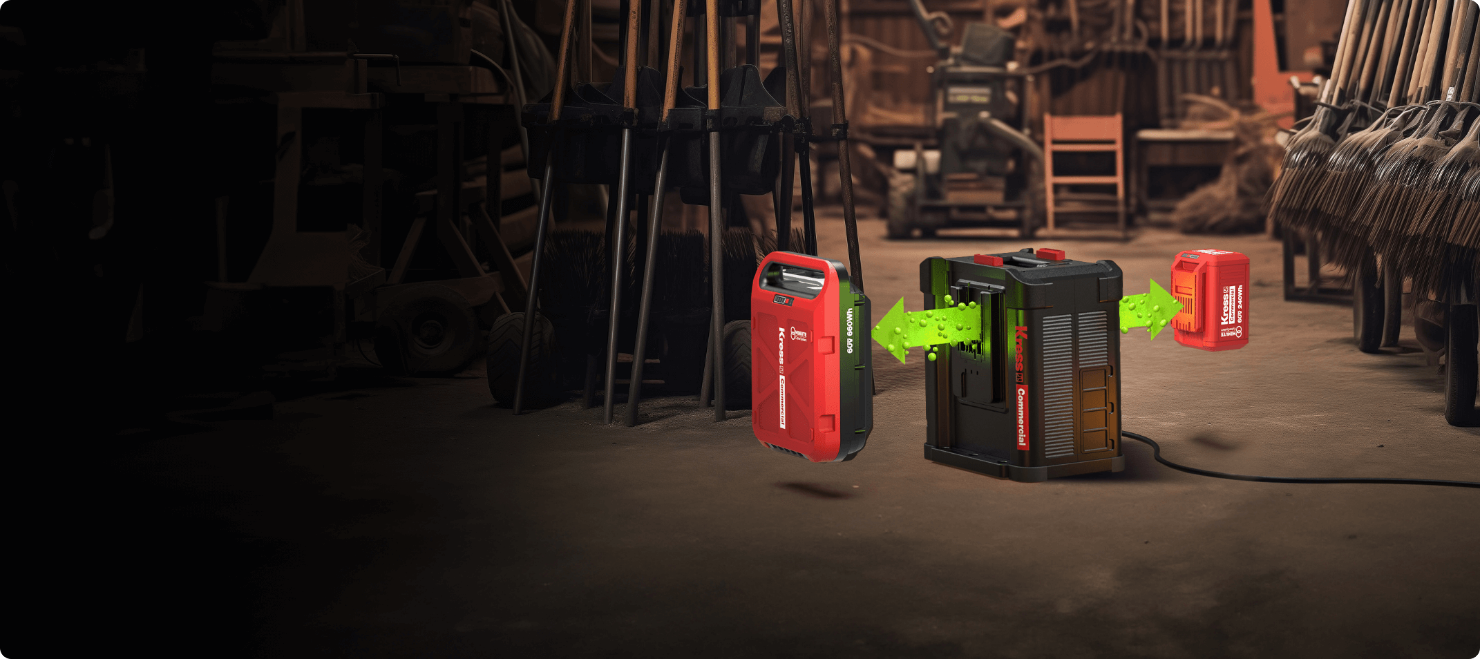 One portable Kress Charger and two Kress batteries on a dark floor with tools and equipment in the background 