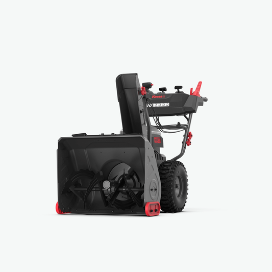 A black and gray walk-behind snowblower with red accents, shown from a three-quarter angle on a light gray background.