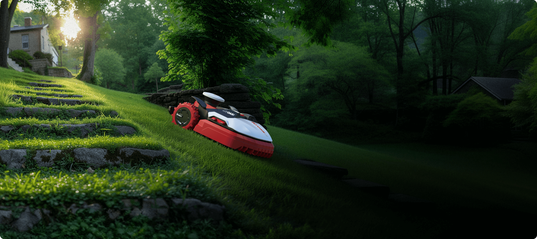 Kress Robotic lawn mower on a grassy area with trees and a house in the background