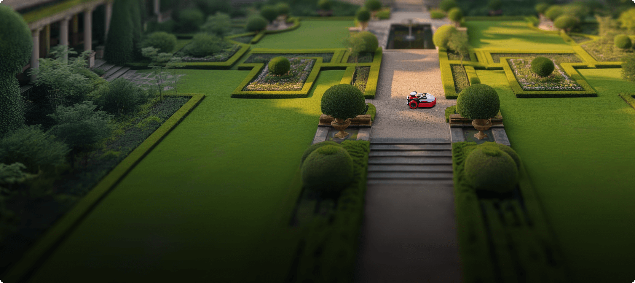 Model of a garden with geometric paths and shrubs with Kress mower in the middle