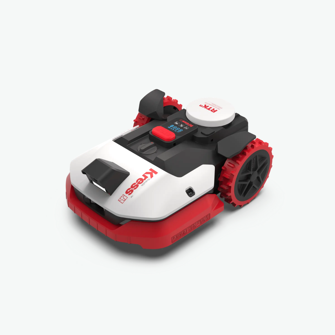 KR272 Robotic lawn mower with red and black design on a white background diagonal view