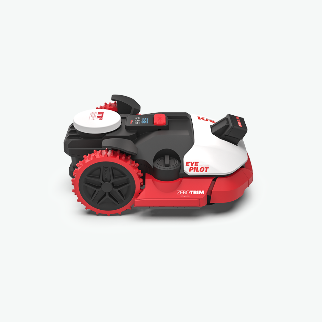 KR272 Robotic lawn mower with red and black design on a white background