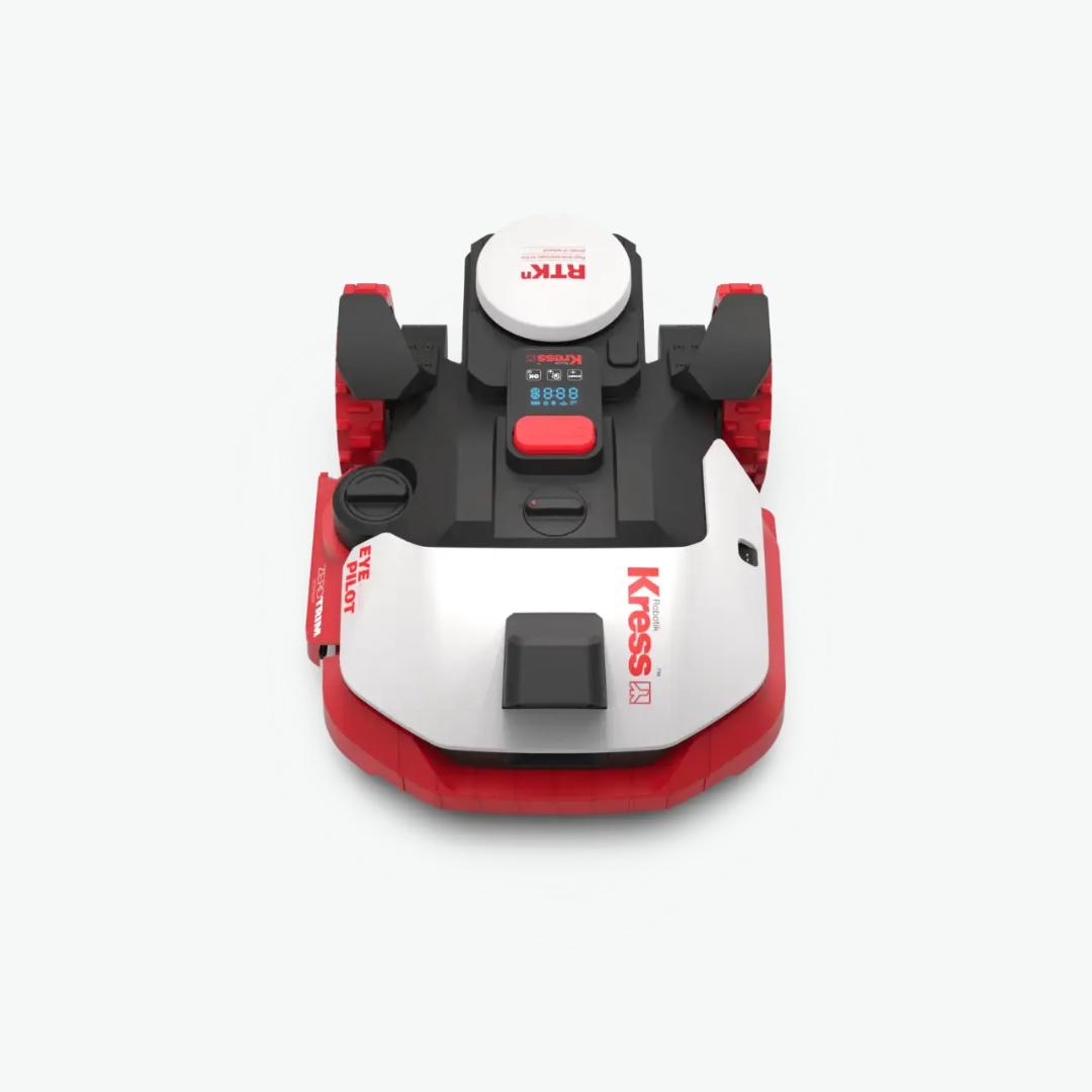 Red and white Kress lawn mower KR272 on a white background top view