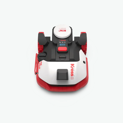 Red and white Kress lawn mower KR272 on a white background top view