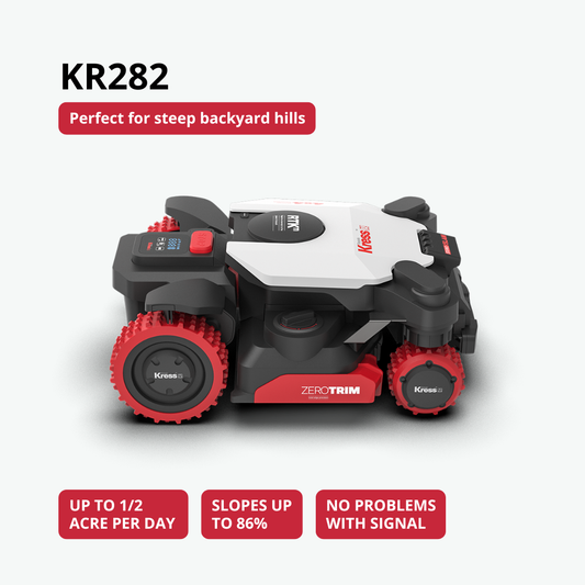 Kress KR282 robotic lawn mower with branding and features on a white background