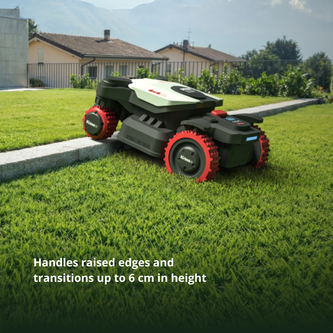 Robotic lawn mower on a grassy lawn with a residential background