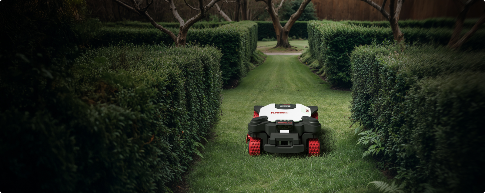 Robotic lawn mower in a garden with neatly trimmed hedges